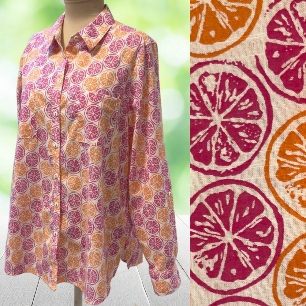 FOXCROFT Fruit Print Shirt Wrinkle Free Cotton Citrus Office Novelty Size 16